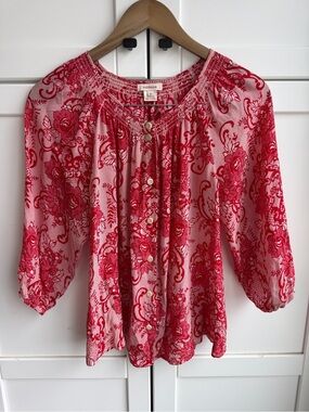 Sundance 100% Silk Red Floral Peasant Blouse Size S